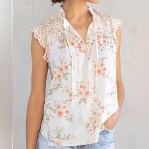 ✨LOVESTITCH Floral Cap Sleeve Blouse - White and Orange Size M